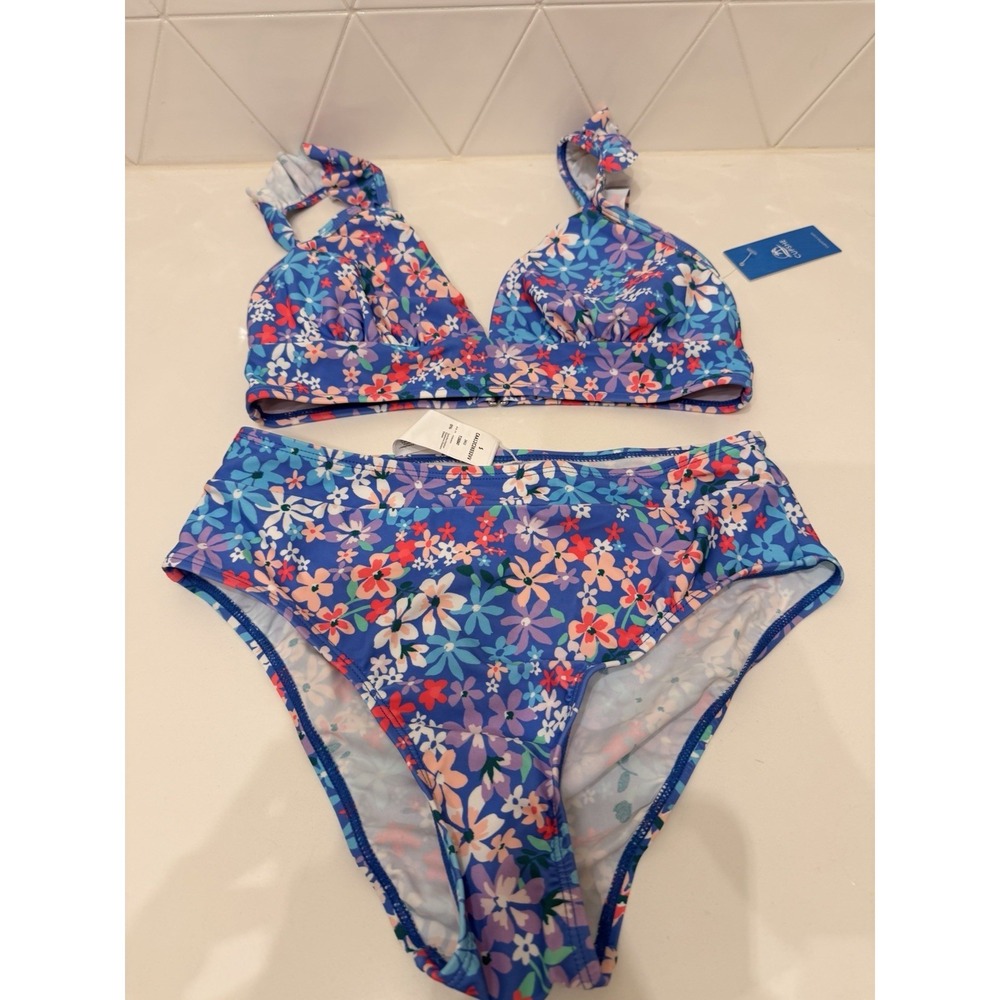 NWT Women's Floral Bikini‎ Set Blue Multicolor Cutout Top Size Small CUPSHE